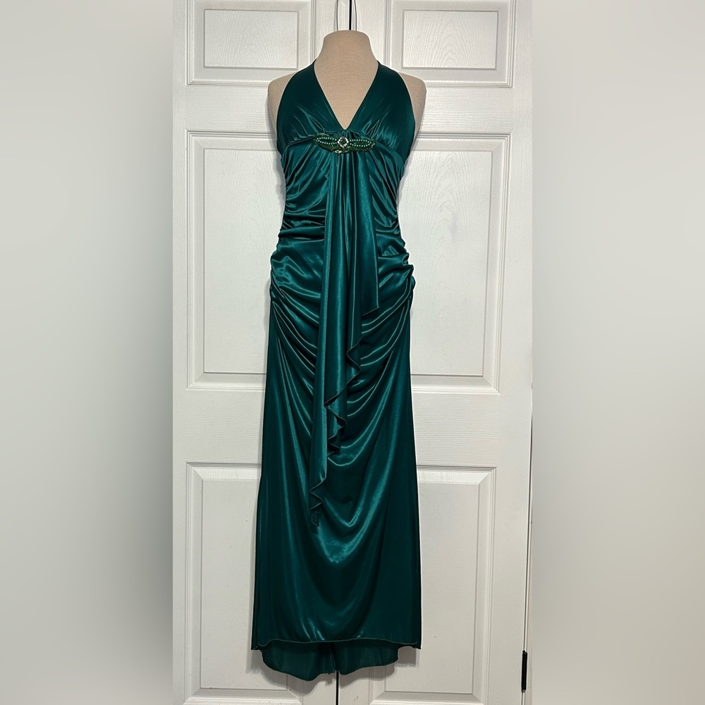 XOXO Green Satin Formal Maxi Dress Small Ruched Halter Glam Eveningwear 90's Y2K